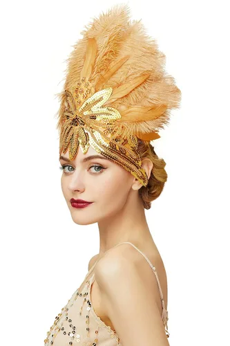 BABEYOND Diadema de plumas de carnaval Showgirl Concurso Diadema para mujer de los años 20 (dorado)