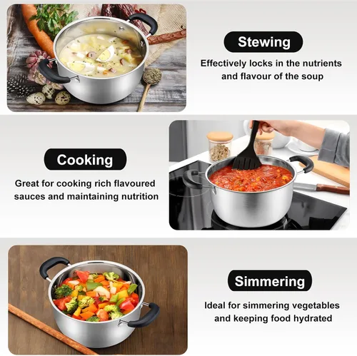 Miniatura 4 de P&P CHEF Olla de 3 cuartos de galón con tapa, olla de cocina de acero inoxidable para sopa, asas dobles a prueba de calor con tapa visible, apta