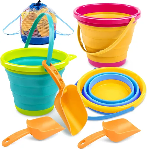 JOYIN 3 Paquetes de Cubos Plegables con Palas y Bolsa de Malla, Cubos Plegables Multiusos para Playa, Equipo de Campamento, Fiesta en la Playa,