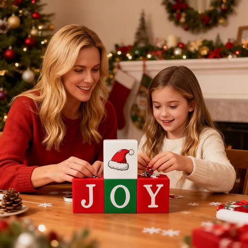 Miniatura 3 de 4 piezas de decoración de mesa de Navidad para interiores, bloques de madera, letreros rojos, verdes y blancos, centros de mesa de Navidad