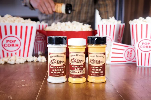 Miniatura 2 de Amish Country Popcorn Paquete variado de condimentos 6 oz BallPark Style ButterSalt - 5.1 onzas de queso cheddar y 5 onzas de condimento de crema