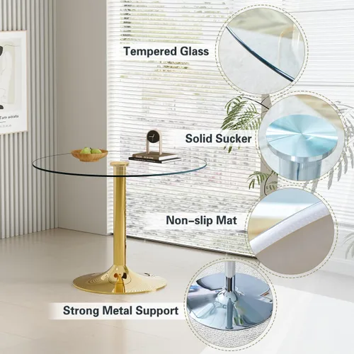 Miniatura 5 de gopop Mesa de comedor de vidrio de 35 pulgadas, mesa de cocina redonda con vidrio templado de 0.3 pulgadas y patas de metal cromado dorado, fácil