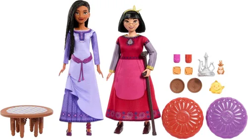 Miniatura 5 de Mattel Juguetes de Disney Wish, juego de mejor amiga para la hora del té con muñecas Asha y Dahlia de Rosas, 2 figuras, 1 mesa y 10 accesorios