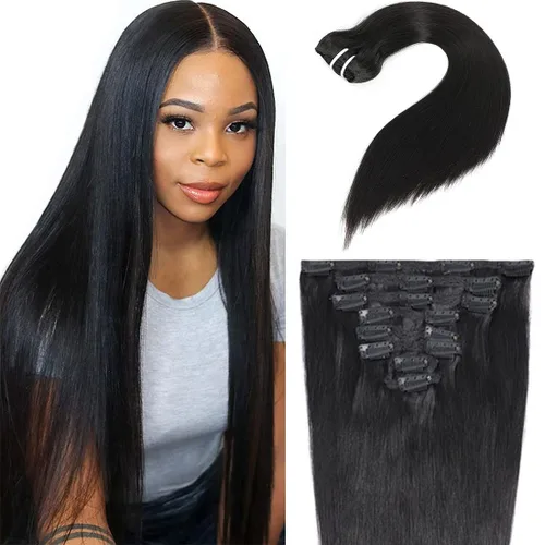 Extensiones de cabello liso con clip para mujeres negras, 14 pulgadas, cabello humano sin procesar, grado 10A, suave, sedoso, color natural, clip en