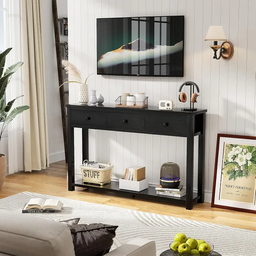 Miniatura 8 de Homieasy Mesa consola de granja con 3 cajones, mesa de sofá de madera de 47 pulgadas con estante de almacenamiento para sala de estar, detrás