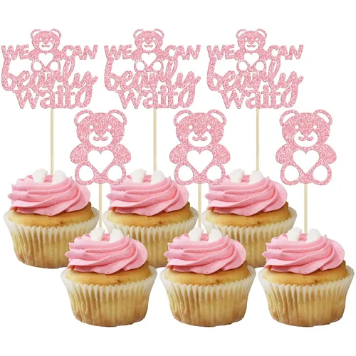 Miniatura 10 de Gyufise 24 piezas de decoración para cupcakes con texto en inglés «We Can Bearly Wait» («We Can Bearly Wait») para cupcakes con purpurina marrón