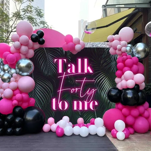 Miniatura 2 de Sensfun Telón de fondo rosa neón con texto en inglés "Talk Forty to Me" para mujeres, tema hawaiano tropical, decoración de fiesta de cumpleaños
