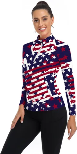 Miniatura 16 de WOWENY Camiseta deportiva de manga larga para mujer, con cremallera de un cuarto, cuello para entrenamiento, camiseta de tenis con estampado
