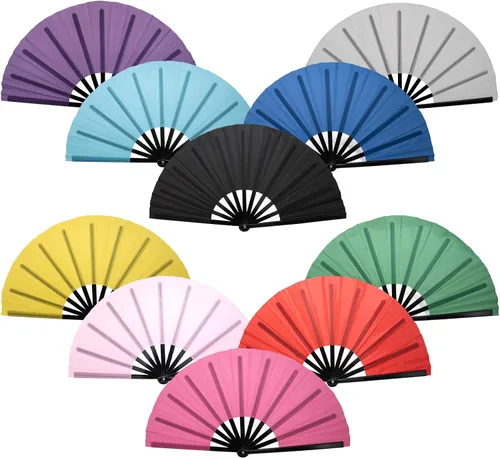 Miniatura 11 de QIRMIZI Abanico plegable grande de 10 piezas para rave de mano, abanicos para Kung Fu, Tai Chi, Danza, Festivales de Música, Carnavales, bodas