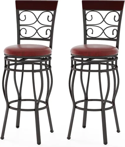 Miniatura 12 de Juego de 2 taburetes de bar de 30 pulgadas de altura de bar, taburetes de bar giratorios de 360 grados retro de metal con asiento acolchado de cuero