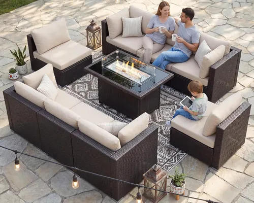 Miniatura 43 de BULEXYARD Juego de muebles de patio de respaldo alto de 7 piezas con mesa de fogata de combustible dual propano/gas natural, sofá seccional