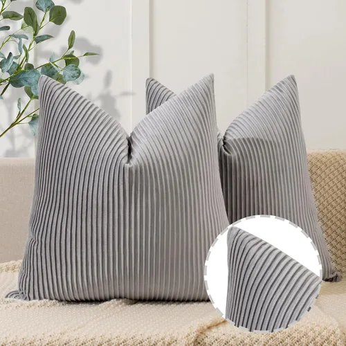 Miniatura 20 de YCOLL Juego de 2 fundas de almohada beige de 18 x 18 pulgadas, patrón de rayas de terciopelo, almohadas suaves para decoración del hogar, fundas