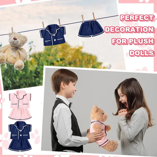 Miniatura 7 de Hungdao 2 juegos de ropa para osos, accesorios de animales de peluche, pijamas de oso de color rosa y azul, ropa de dos capas de muselina, pijamas