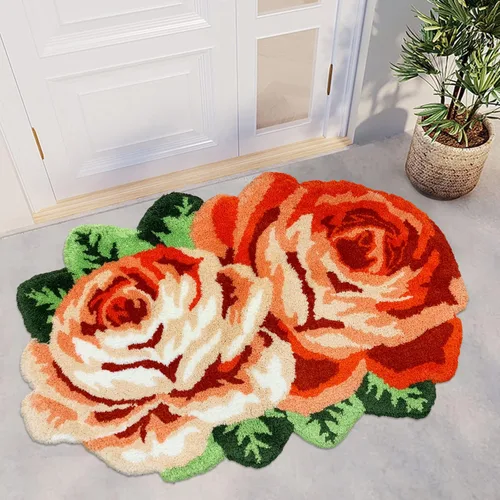USTIDE Bonita alfombra de baño de rosas para baño, alfombra de baño naranja de lujo, antideslizante, con forma de flor, alfombra de ducha de felpa