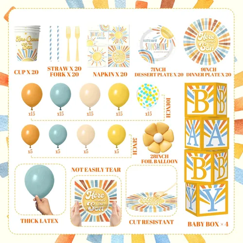 Miniatura 4 de Here Comes the Son - Decoración para baby shower para niño, todo en 1, decoración bohemia retro para baby shower con arco de globos, cajas de bebé