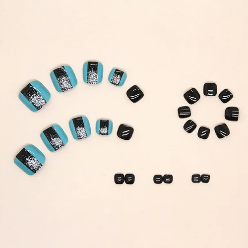 Miniatura 2 de Uñas cortas a presión, uñas postizas de acrílico brillante con forma cuadrada con diseño de purpurina plateada, cobertura completa, uñas postizas