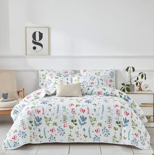 Miniatura 2 de UOZZI BEDDING - Juego de edredón reversible de 3 piezas tamaño Queen, con hojas verde azuladas y flores rojas en blanco, microfibra suave y ligera