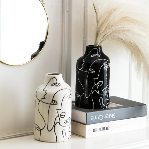 Miniatura 5 de Kimdio Juego de jarrones de cerámica, 2 jarrones de flores de diseño irregular abstracto en blanco y negro, decoración moderna del hogar, decoración