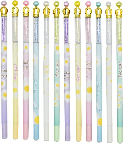 12 bolígrafos de margaritas Fanshion Crown Pen Pearl Floral Pen con tinta negra de 0.020 in para fiesta escolar, cumpleaños, oficina, fiesta, bodas