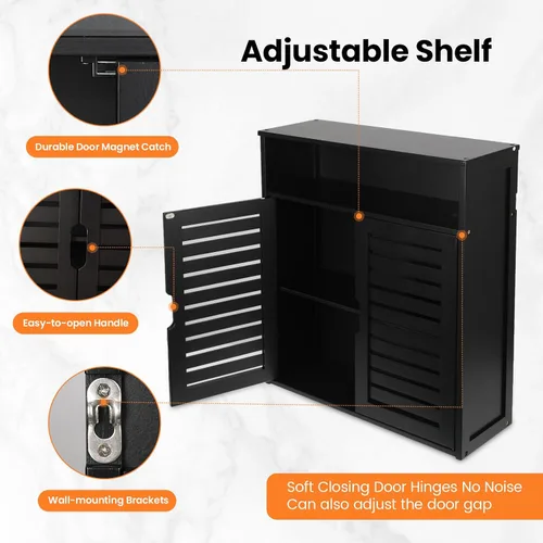 Miniatura 5 de Armario de pared de bambú, gabinete de almacenamiento de baño montado en la pared, gabinete de medicina colgante negro con puertas dobles