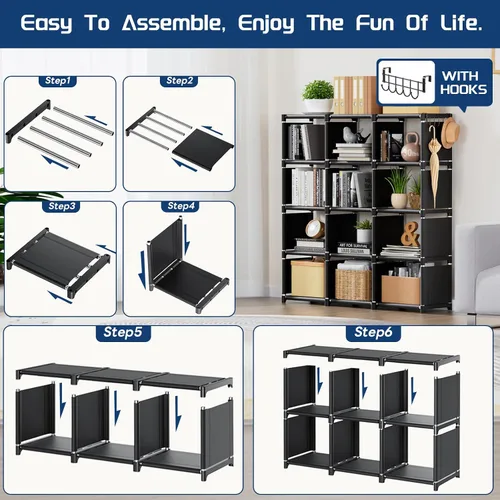 Miniatura 7 de Mavivegue Estantería para Libros, Organizador de Almacenamiento de 12 Cubos, Librero de Bricolaje, Estantería de Cubos de Metal, Estantes