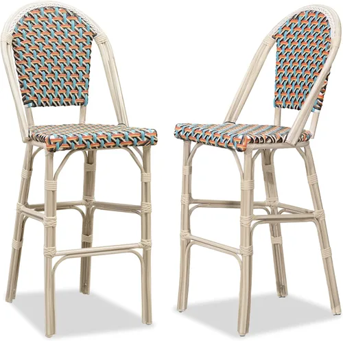 Miniatura 19 de PURPLE LEAF - Juego de 2 taburetes de bar franceses con acabado de bambú impreso, taburetes de bar de ratán para patio con respaldo, sillas de bar