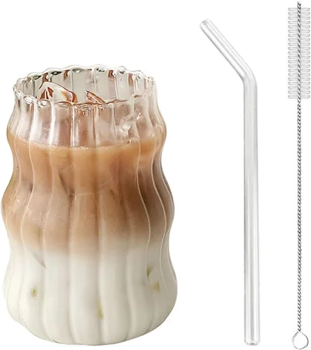 Miniatura 8 de Maritown Taza de café helado con pajilla, taza de café transparente de 13.8 onzas con popote de vidrio y cepillo limpiador de pajilla, cristalería
