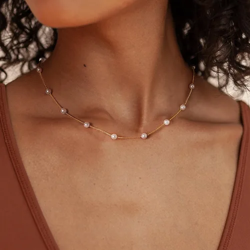 Miniatura 2 de Meeran Collar de perlas para mujer, delicado collar de perlas chapadas en oro de 14 quilates, collar de perlas blancas simples, collar de cadena