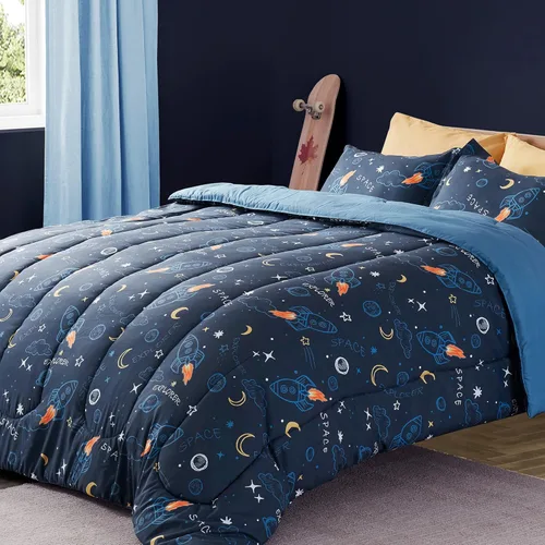 SLEEP ZONE Juego de edredón de 2 piezas para niños y niñas, resistente a la decoloración, lavable a máquina, cohete espacial