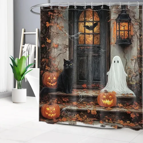 Miniatura 11 de HVEST Cortina de ducha con ganchos, calabaza espeluznante y fantasma con sombrero de bruja negro, juego de cortina de ducha naranja con flores