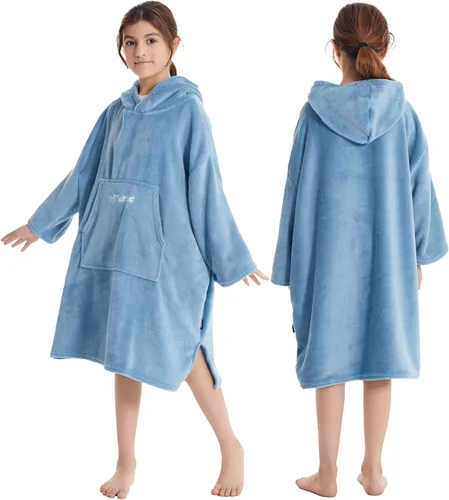 Hiturbo Bata de cambio de toallas para niños: manta de felpa suave, sudadera con capucha cálida de forro polar coral, poncho de surf de natación Azul