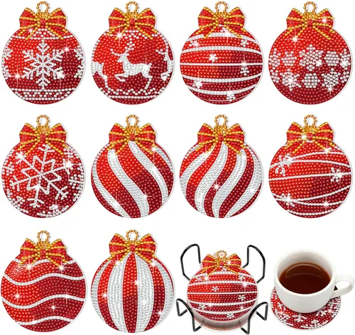 Miniatura 10 de 10 piezas de posavasos de arte de diamante con bola de Navidad DIY Posavasos de pintura de diamante rojo y verde con copo de nieve y alce de Navidad
