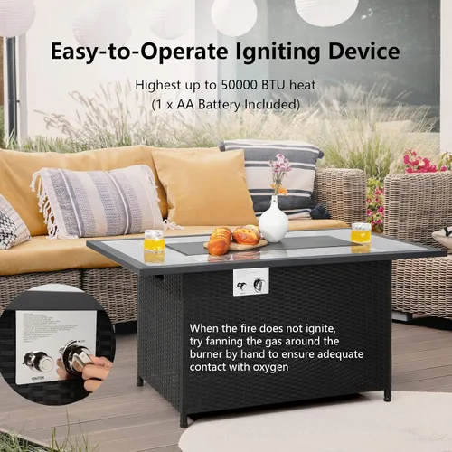 Miniatura 5 de COSTWAY Mesa de fuego de propano para patio de 52 pulgadas, mesa de fuego para exteriores de 50,000 BTU, encendido por pulso, mesa de mármol y ratán