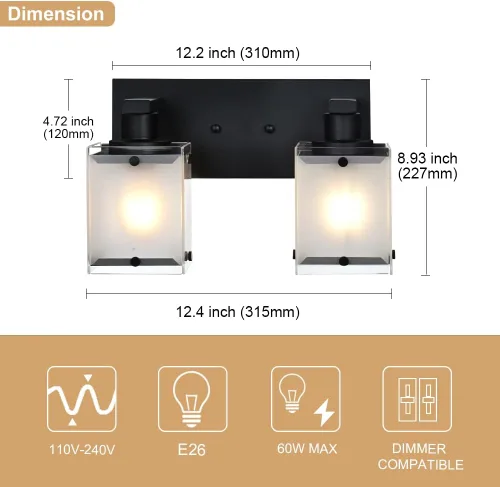 Miniatura 4 de Lámpara de pared negra de WINSHEN, lámpara de tocador de baño de 2 luces, lámpara de montaje en pared sobre espejo para dormitorio, estudio, sala