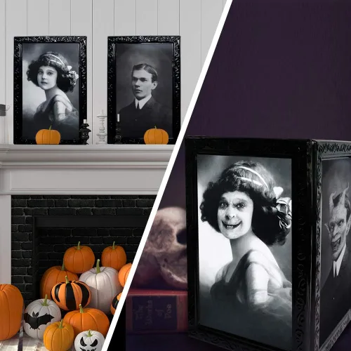 Miniatura 3 de YBB Paquete de 3 marcos de fotos en movimiento de Halloween, retrato de terror de cara cambiante en 3D, decoración aterradora para el hogar, fiesta