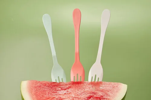Miniatura 3 de KNORK Eco - Juego de cubiertos reutilizables de bambú de 12 piezas (tenedor, cuchillo, cuchara) a base de plantas (menta, coral, blanco, gris)