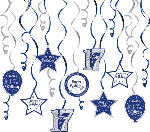 Miniatura 12 de Decoración de fiesta de serpentinas con purpurina azul y plateada de feliz 11º cumpleaños, 15 piezas de remolinos colgantes de 11 cumpleaños, cartel