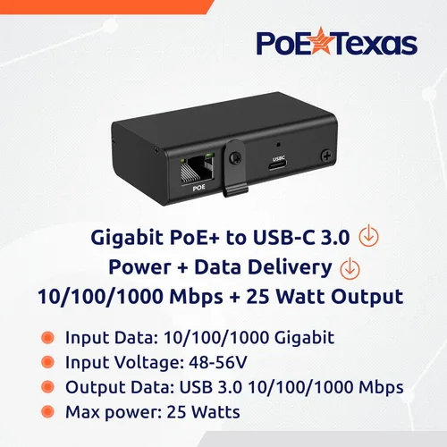 Miniatura 3 de PoE Texas Adaptador Gigabit PoE+ a USB-C, alimentación de 25 vatios y entrega de datos, adaptador de alimentación y Ethernet activo IEEE 802.3at