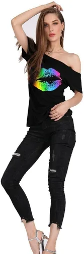 Miniatura 21 de MAGICMK - Camiseta casual para mujer, con estampado de labios y hombro descubierto, talla extragrande