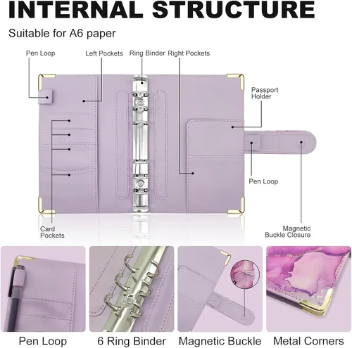 Miniatura 2 de Carpeta A6 recargable de piel sintética con 6 anillas, cubierta para cuaderno pequeño para papel de relleno A6, cubierta de planificador personal