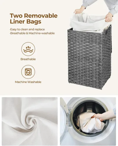 Miniatura 4 de Greenstell Cesta de ropa sucia con tapa, cesta de ropa de 60L con 2 bolsas de forro extraíbles y 2 bolsas de malla para lavandería, cesta de ropa