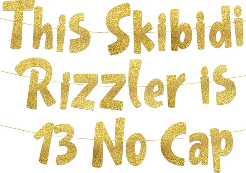 Cartel con purpurina dorada con texto en inglés "This Skibidi Rizzler is 13" sin tapa, divertidas decoraciones de cumpleaños número 13 para