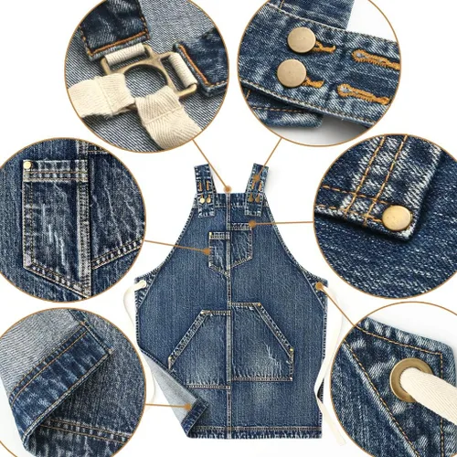 Miniatura 3 de Jeanerlor - Delantal de mezclilla con 4 bolsillos para mujeres y hombres - Estilo lavado correas cruzadas en la espalda y ajustable S a XXXL, Azul