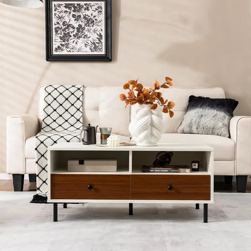 Miniatura 2 de Giantex Mesa auxiliar rectangular de madera, mesa central moderna de 2 niveles con 2 cajones, 2 estantes de almacenamiento, fácil montaje, soporte