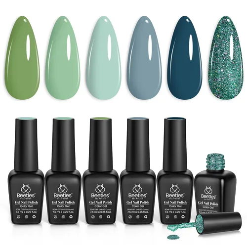 Miniatura 17 de beetles - Esmalte de uñas Shouthern Belle, juego de 6 esmaltes de color nude con purpurina, coral, verde, azul claro, semipermanente, usar con capa