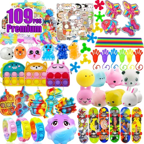 109 piezas de juguetes de fiesta prémium para niños, surtido de mini juguetes antiestrés para niños de todas las edades, premios de aula, cofre del