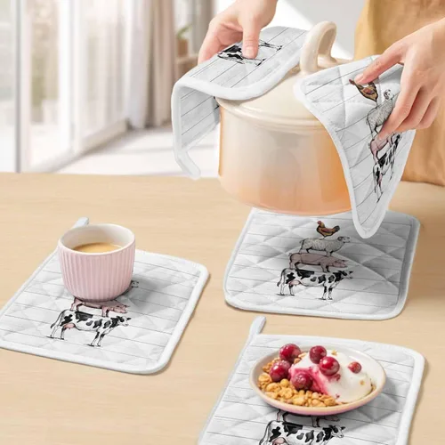 Miniatura 5 de Juego de 4 soportes para ollas, de vaca, cerdo, oveja, pollo, animales de granja, para cocina, almohadillas calientes a prueba de calor, tablero