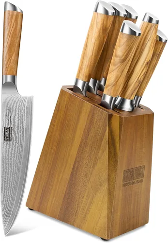 HOSHANHO Juego de cuchillos con bloque de 7 piezas, juego de cuchillos de cocina de acero super damasceno de 67 capas profesionales, juego de