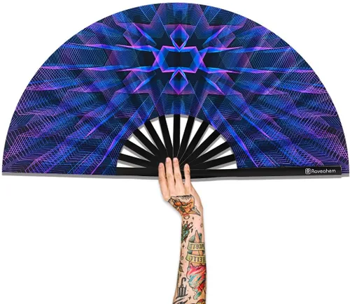 Miniatura 19 de Ventilador plegable grande, ventilador Clack Rave de 13 pulgadas, ventilador de mano para mujeres y hombres con tela de satén de alta calidad, marco