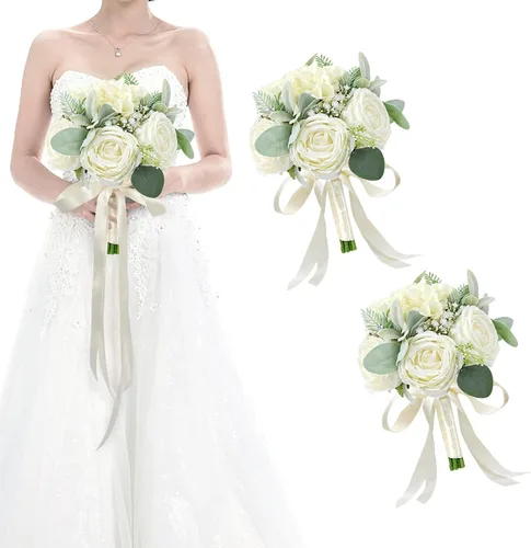 Miniatura 36 de Juego de 4 ramos para dama de honor para boda - Ramos de flores artificiales de 7 pulgadas para decoración de centros de mesa de ceremonia y Azul